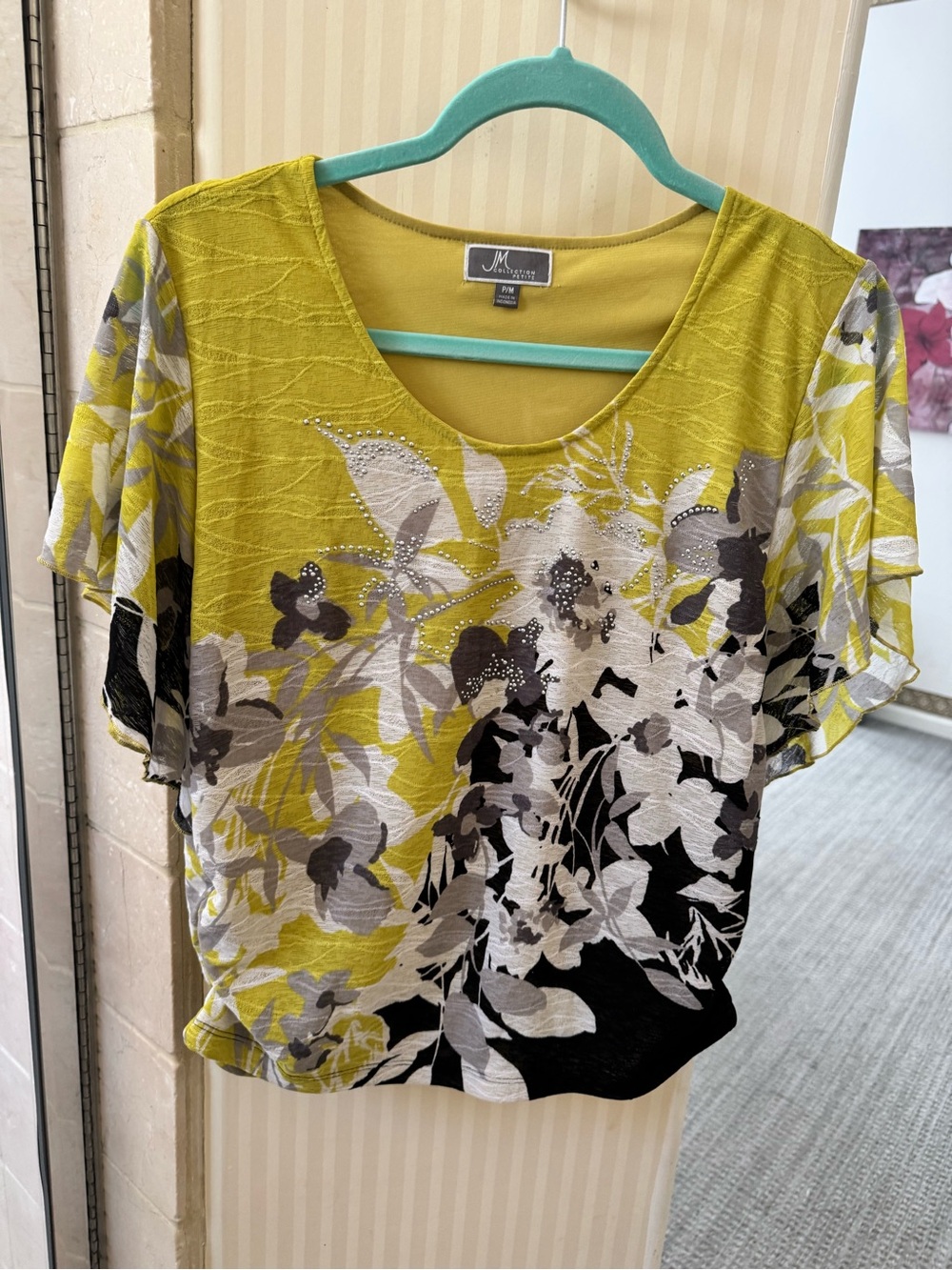 JM Collection Yellow Floral Scoop Neck Blouse with Rhinestone Accents